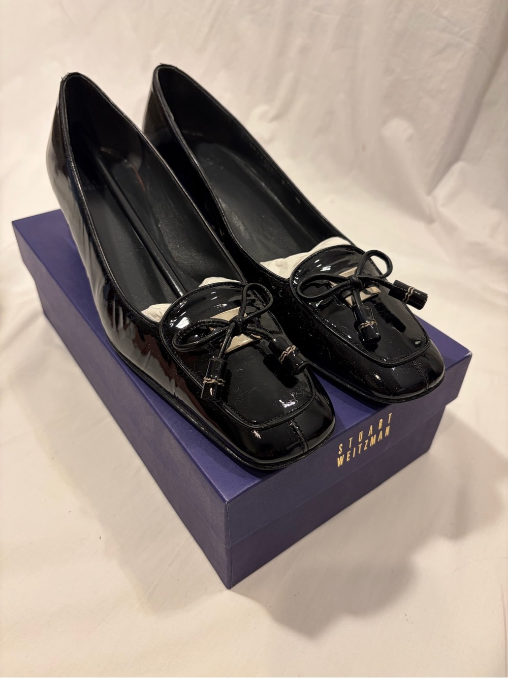 Stuart Weitzman Black Patent Leather Bow Loafers